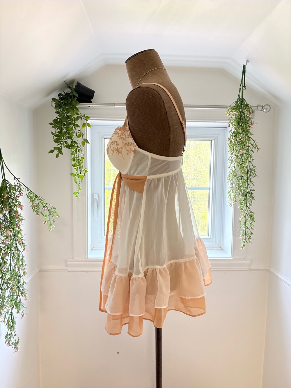 Sheer Lace Trim Babydoll Slip - Tan & Cream - Picture 2 of 5